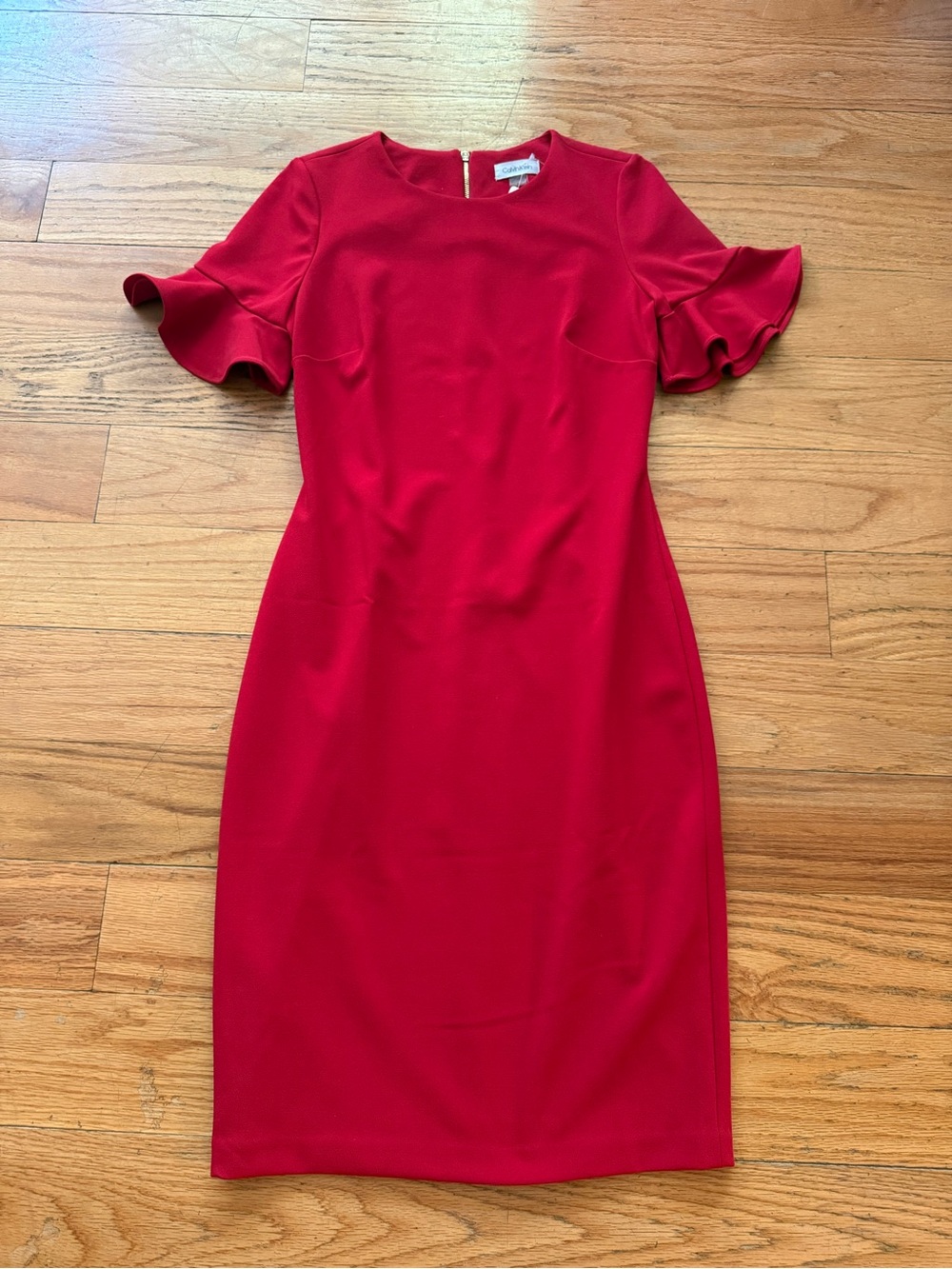 Calvin Klein Red Ruffle Sleeve Sheath Midi Dress